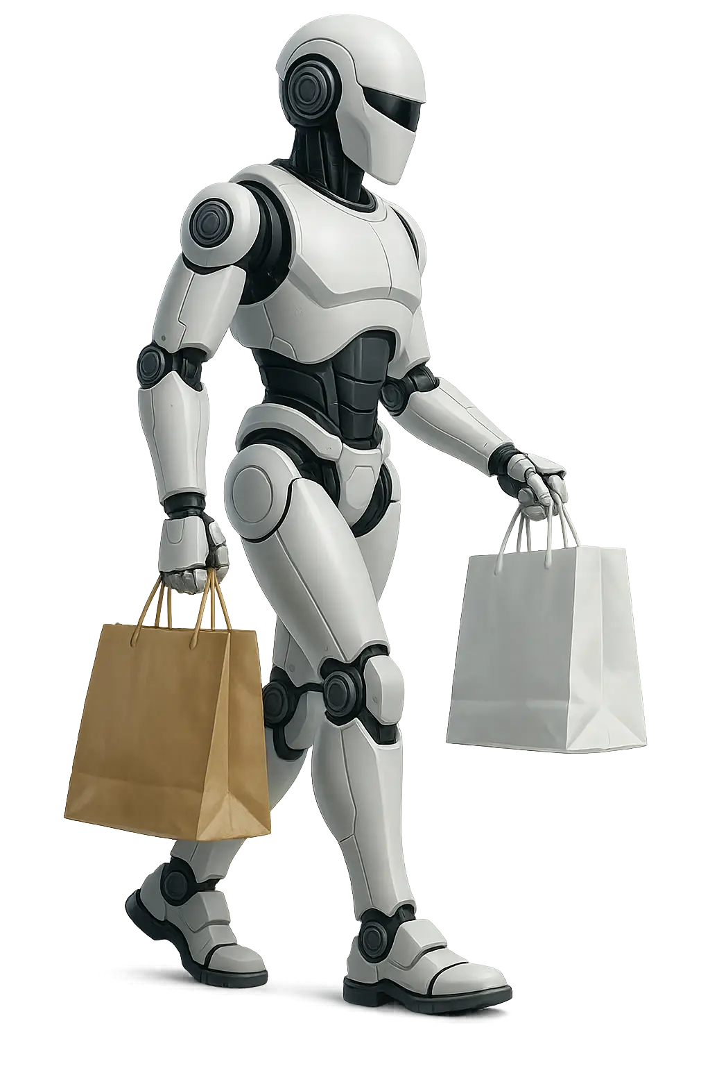 Humanoidni robot sa kesama iz kupovine – simbol savremene online prodaje u okviru WDesign usluga