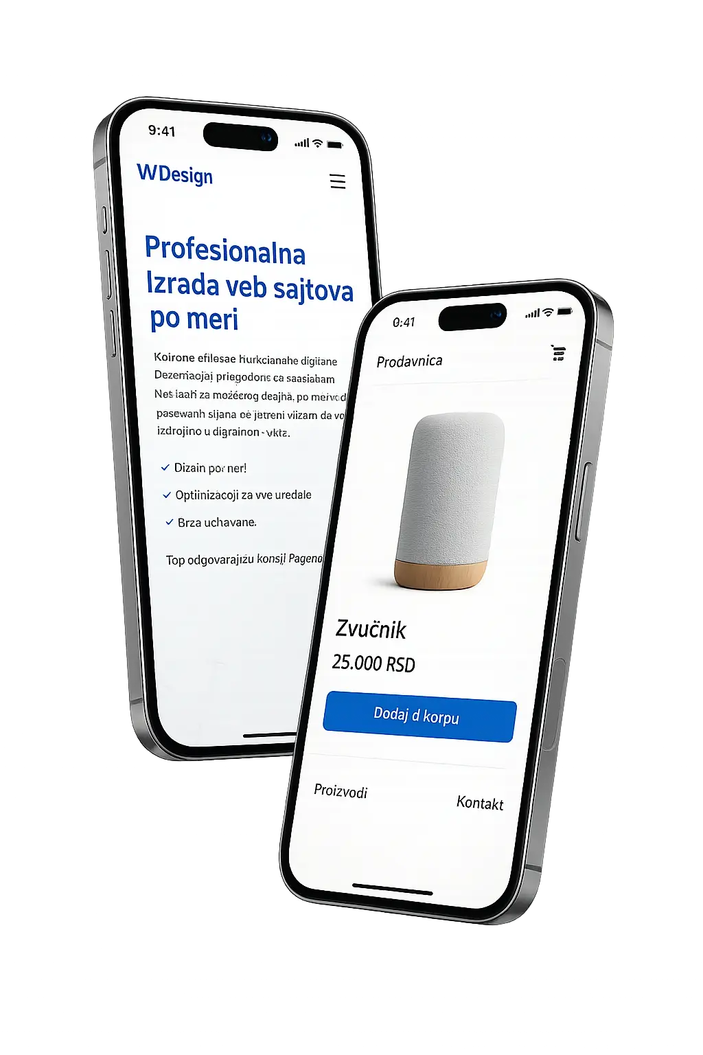 Mockup dva iPhone telefona koji prikazuju responzivni web sajt i online prodavnicu u okviru WDesign usluga